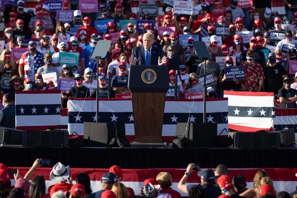 President Donald Trump rallies supporters at the Carson City Airport on Oct. 18, 2020. Isaac Hoops/The Nevada Independent.