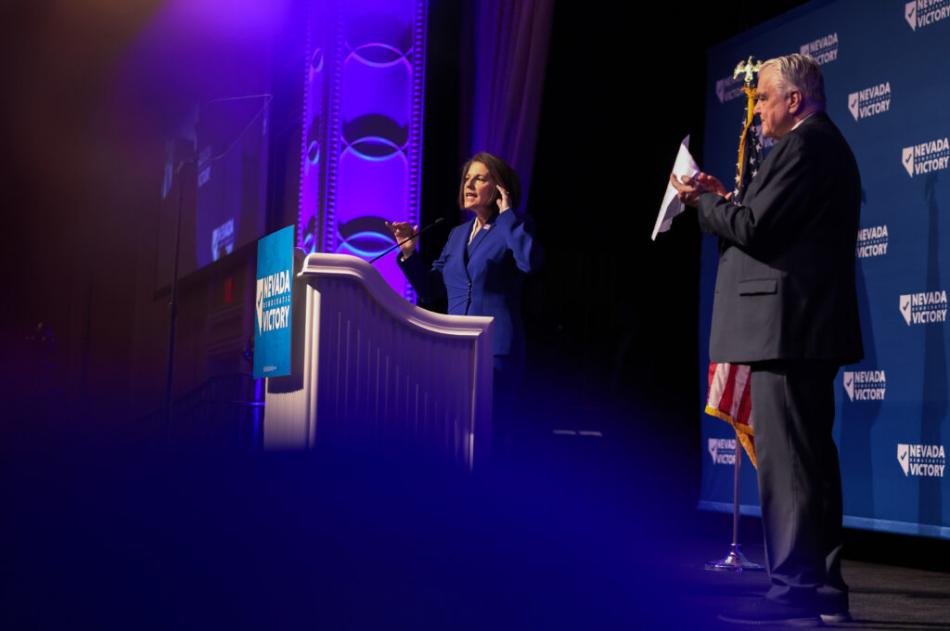Sen. Catherine Cortez Masto, left, and Gov. Steve Sisolak in Las Vegas Tuesday. (Jeff Scheid/The Nevada Independent)