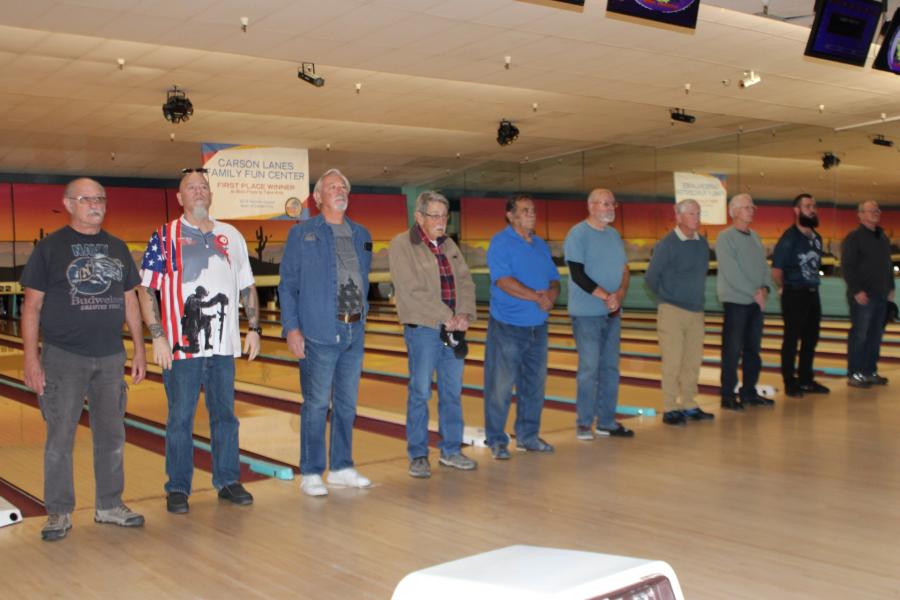 Veterans receiving recognition and appreciation prior to bowling tournament.