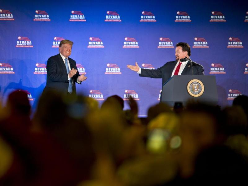 Nevada GOP Chairman Michael J. McDonald, right, introduces then-President Donald J. Trump. Daniel Clark/The Nevada Independent