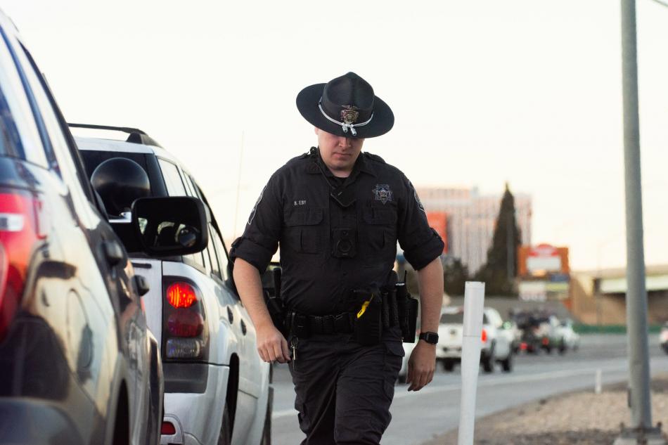 Nevada Highway Patrol Trooper Brian Eby during a traffic stop on Feb. 14, 2020. (David Calvert/The Nevada Independent)