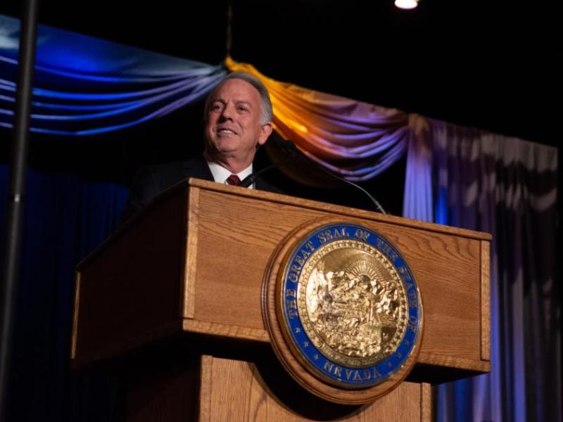 Gov. Joe Lombardo during his inaugural speech Tuesday at the Carson City Community Center. David Calvert/The Nevada Independent