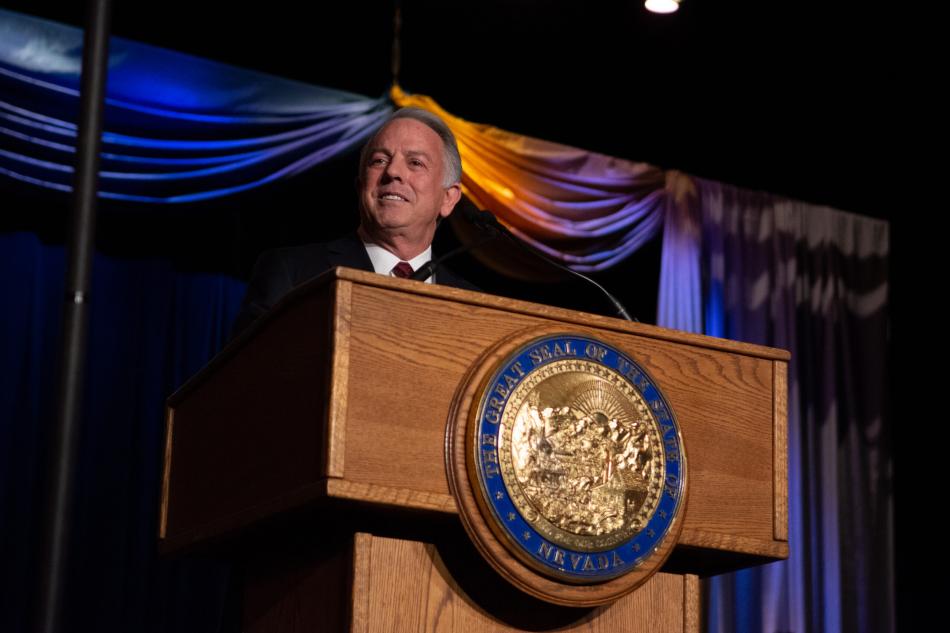 Gov. Joe Lombardo during his inaugural speech Tuesday at the Carson City Community Center. David Calvert/The Nevada Independent