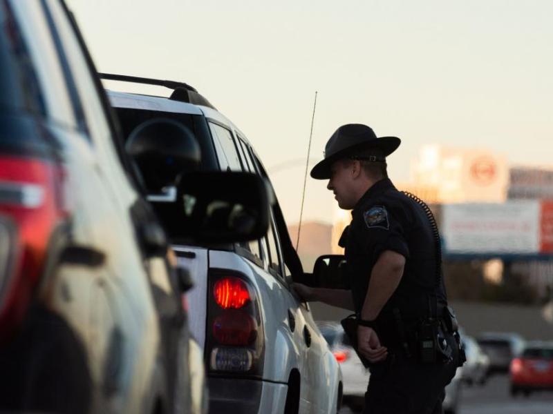 Nevada Highway Patrol Trooper Brian Eby during a traffic stop on Feb. 14, 2020. (David Calvert/The Nevada Independent)