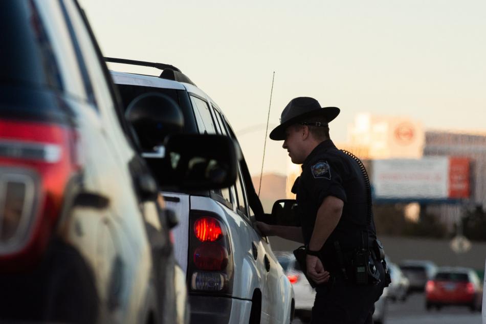 Nevada Highway Patrol Trooper Brian Eby during a traffic stop on Feb. 14, 2020. (David Calvert/The Nevada Independent)