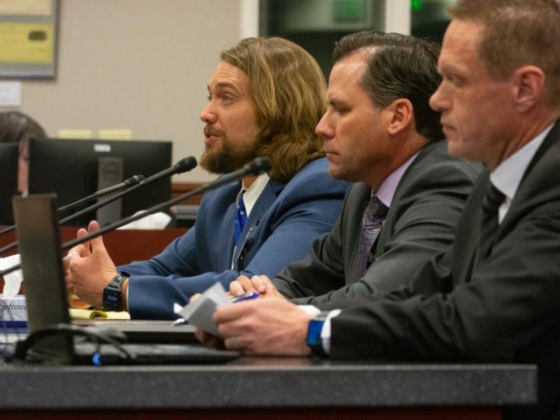 Lobbyist Will Adler, Brett Scolari and Chris Nielsen General Counsel for Gov. Lombardo. (David Calvert/The Nevada Independent)