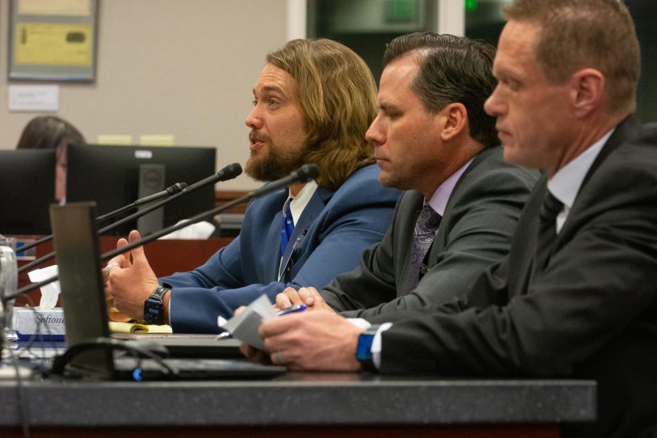 Lobbyist Will Adler, Brett Scolari and Chris Nielsen General Counsel for Gov. Lombardo. (David Calvert/The Nevada Independent)