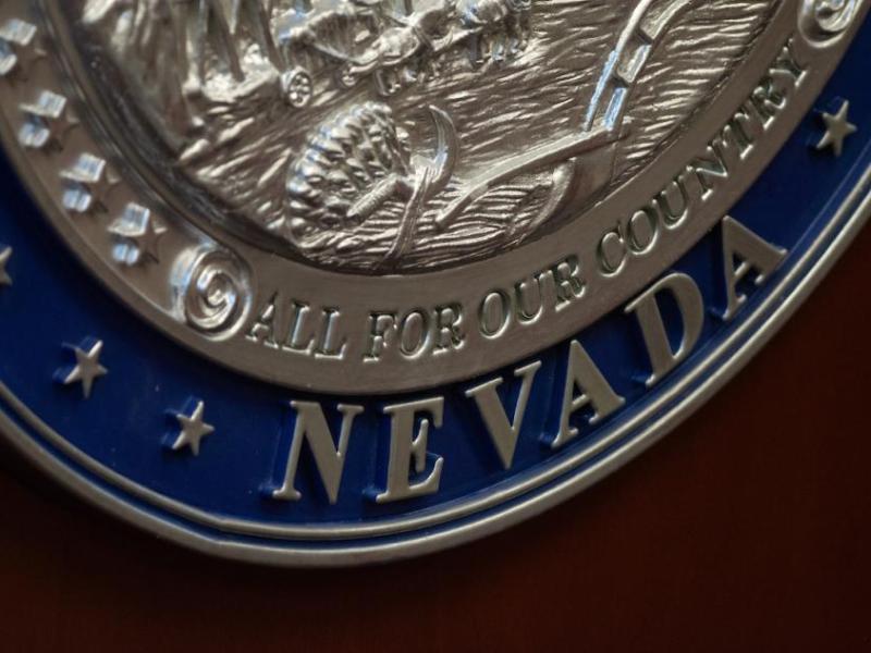 The Nevada state seal hangs inside the Legislature in Carson City. (David Calvert/The Nevada Independent)