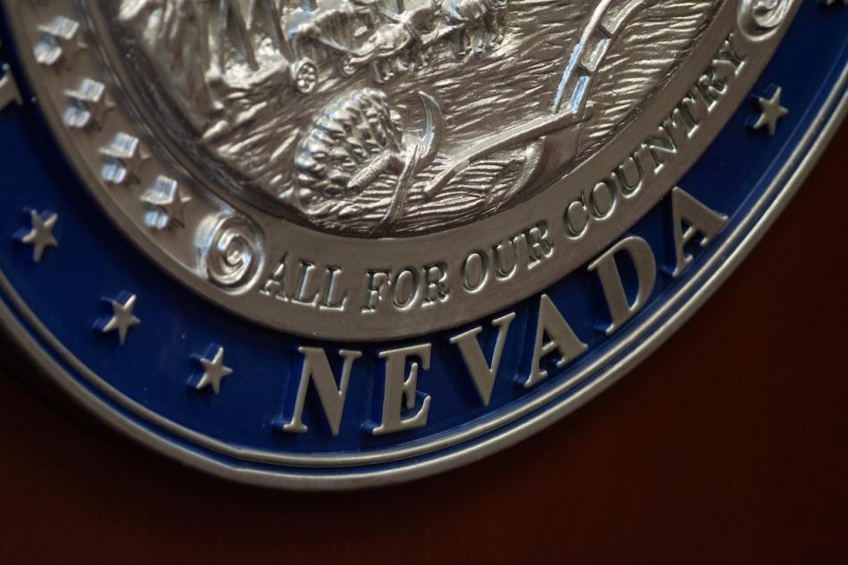 The Nevada state seal hangs inside the Legislature in Carson City. (David Calvert/The Nevada Independent)