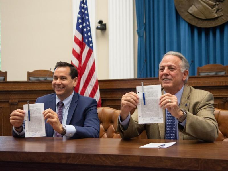 Gov. Joe Lombardo and Secretary of State Cisco Aguilar inside the old Assembly Chambers. (David Calvert/The Nevada Independent)