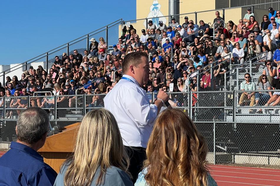Superintendent Andrew Feuling addresses more than 867 teachers and employees Aug. 14, 2023.