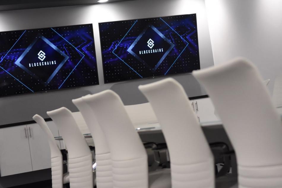 A conference room at an office for Blockchains LLC in the Tahoe Reno Industrial Center. (David Calvert/The Nevada Independent).