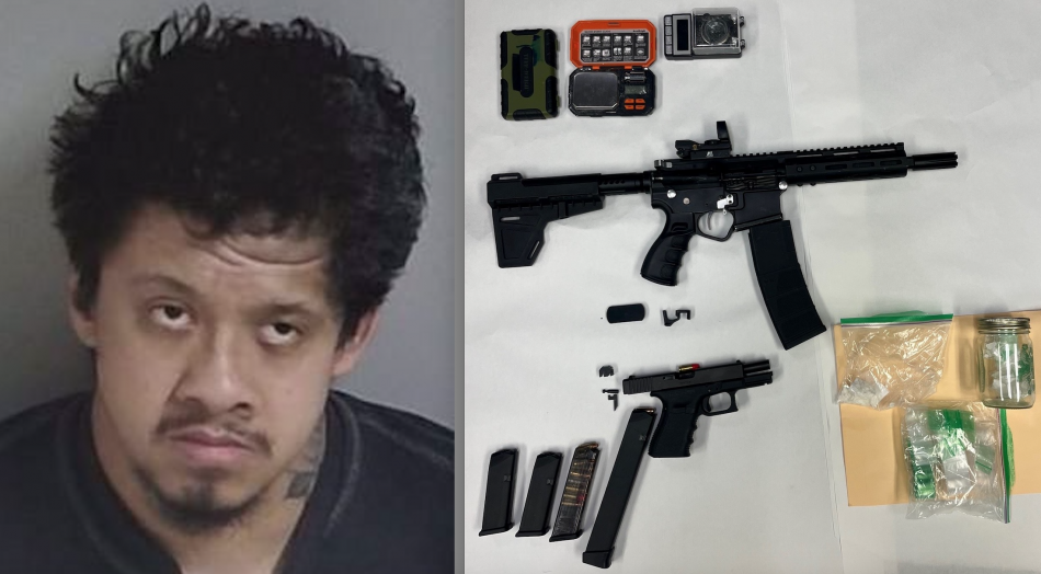 Jose Medina was arrested Monday. In the second photo, guns and drugs collected.