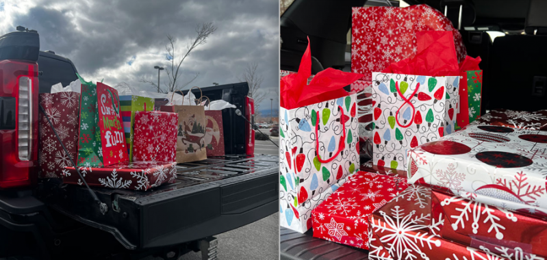 Vehicles filled with gifts for families