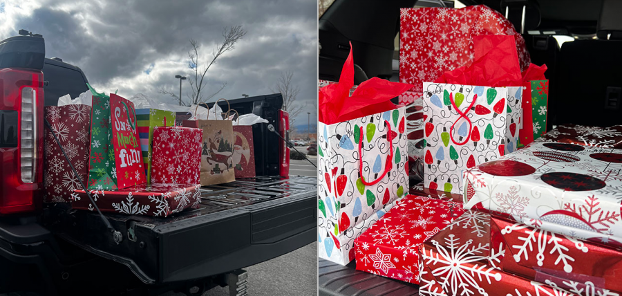 Vehicles filled with gifts for families