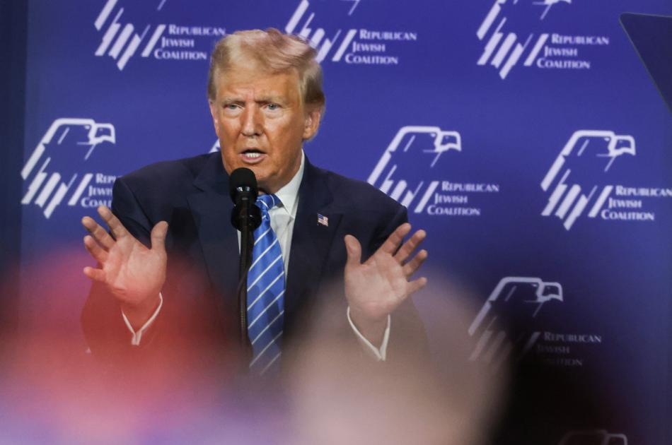 Former President Donald Trump speaks during the Republican Jewish Coalition Leadership Summit in 2023. Photo: Jeff Scheid