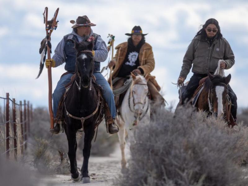 L to R: Josh Dini, Rusty Brady and Gary McKinney ride along a fence to Sentinel Rock overlooking Lithium Americas’ Thacker Pass.