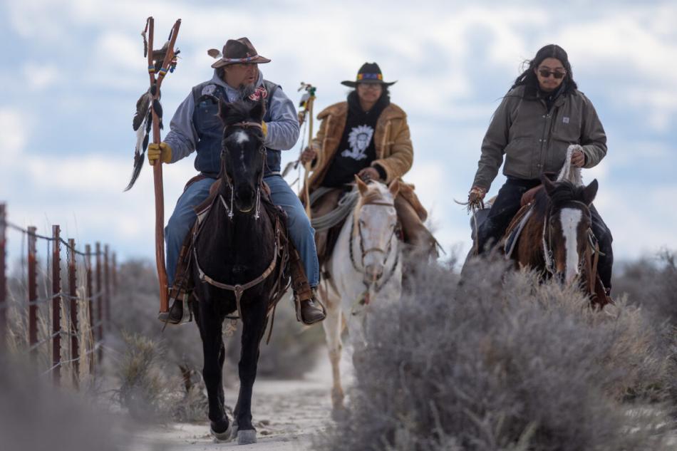 L to R: Josh Dini, Rusty Brady and Gary McKinney ride along a fence to Sentinel Rock overlooking Lithium Americas’ Thacker Pass.