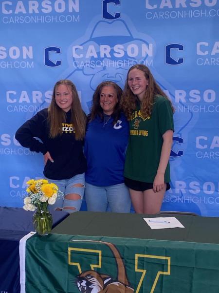 Coach Monica Weaver celebrates with seniors Katarina Klatt (left) and Brynn Russell (right) at their college signing day.