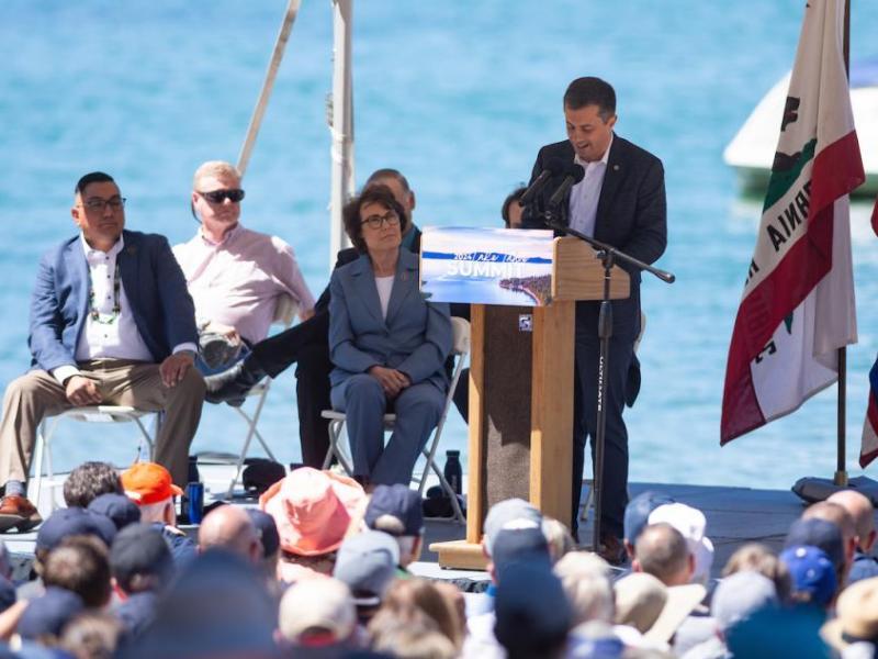 U.S. Transportation Secretary Pete Buttigieg speaks during the Lake Tahoe Summit. David Calvert/The Nevada Independent