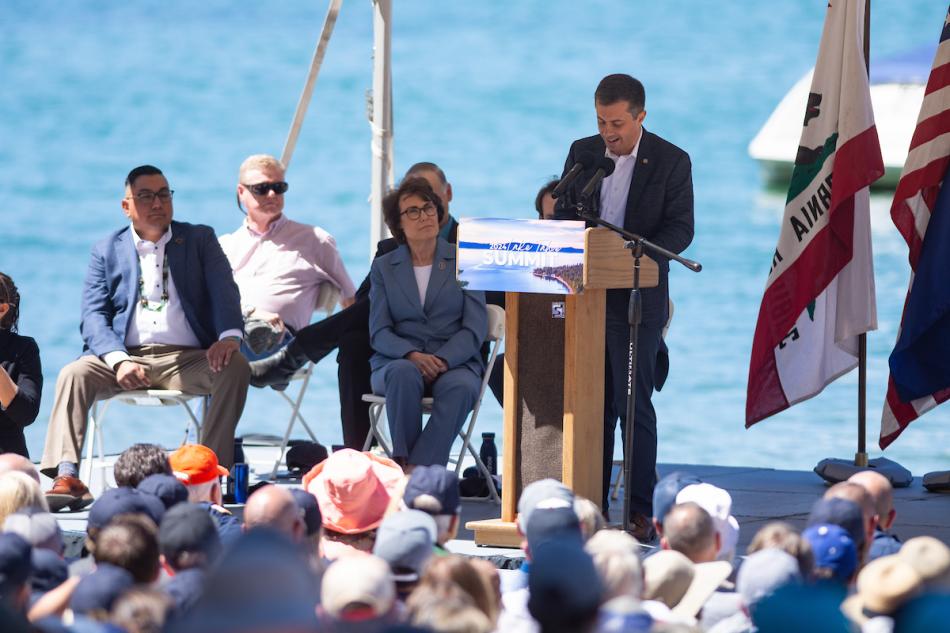 U.S. Transportation Secretary Pete Buttigieg speaks during the Lake Tahoe Summit. David Calvert/The Nevada Independent