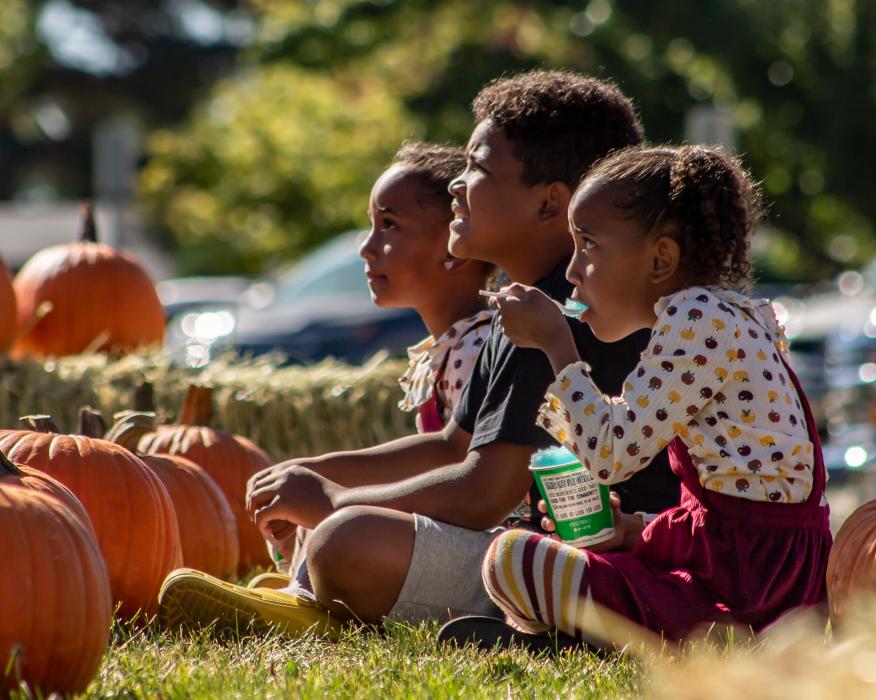 Three young children sit in grass surrounded by pumpkin, one eating a treat