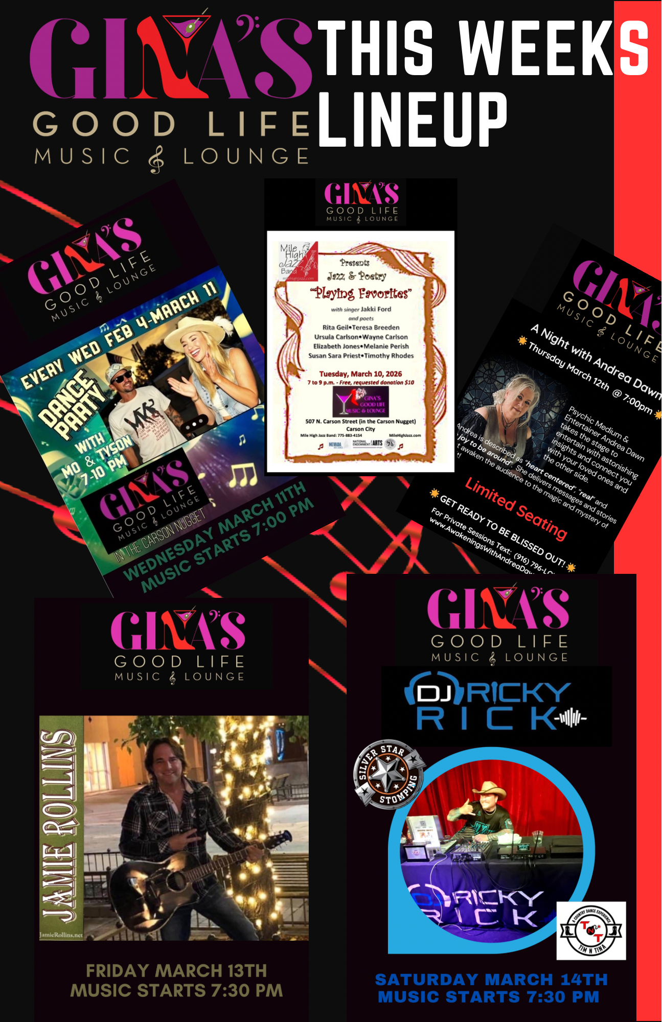 This week at Gina’s Good Life Music & Lounge 5 Straight Days of High Energy Music and Entertainment!