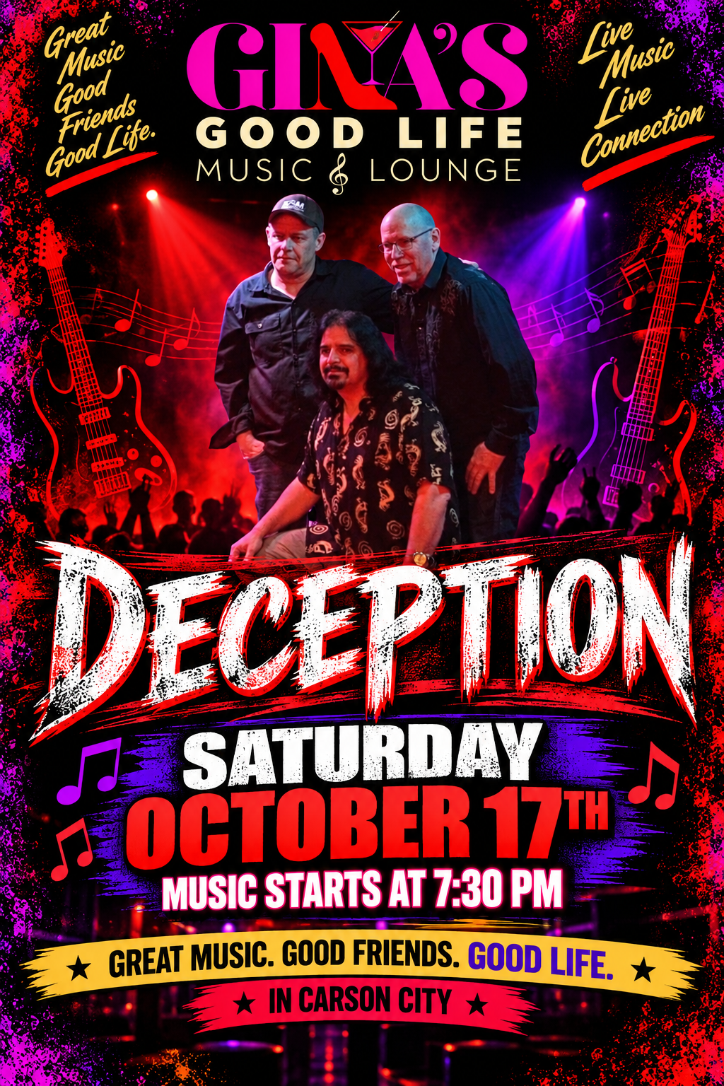 DECEPTION! LIVE at Gina’s Good Life Music & Lounge SATURDAY Night! October 17th at 7:30pm